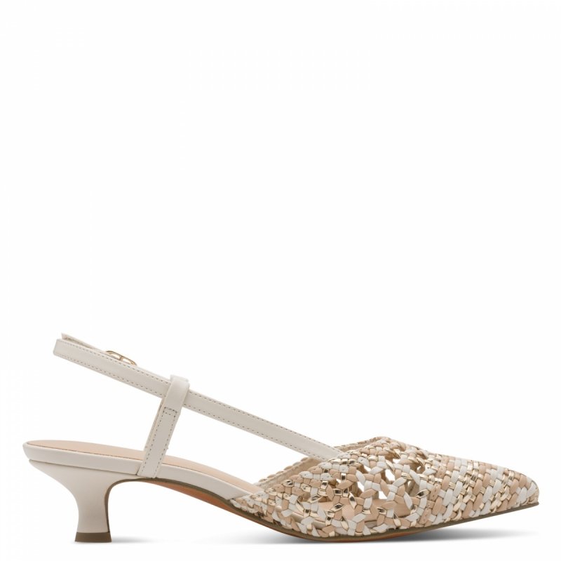 Czółenka beżowe kremowe 40 MARCO TOZZI 29502 kaczuszki z odkrytą piętą złote plecione