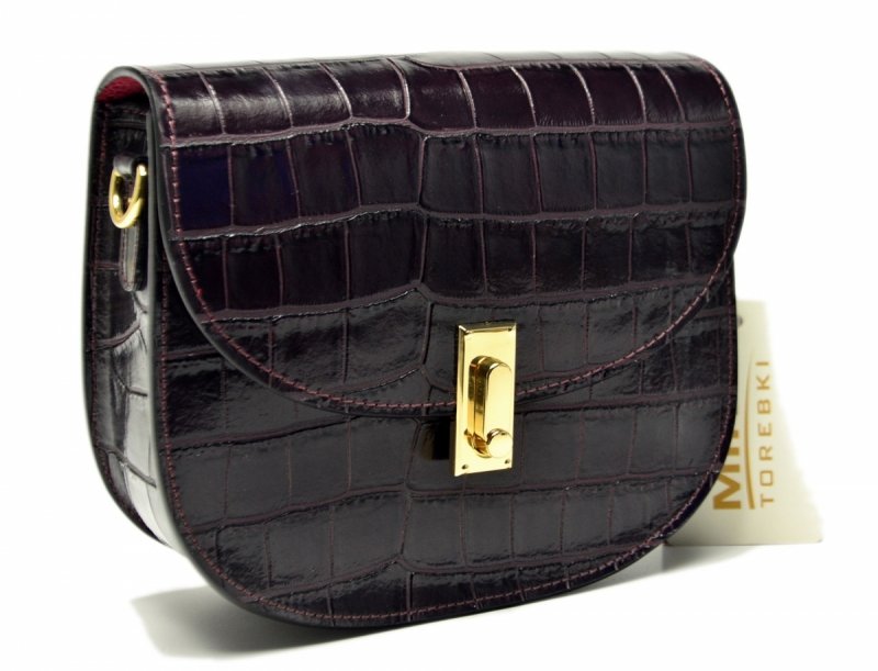 TOREBKA skóra listonoszka fioletowa MIKO skórzana bakłażan lakier krokodyl 