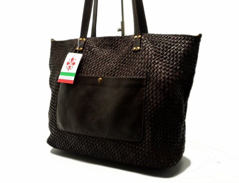 TOREBKA MIKO skóra brąz vintage plecionka brązowa czekolada duża