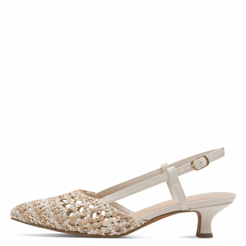 Czółenka beżowe kremowe 40 MARCO TOZZI 29502 kaczuszki z odkrytą piętą złote plecione