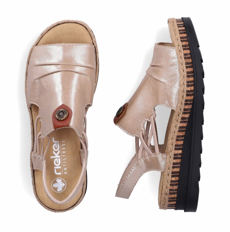 Sandałki beżowe złote 39 RIEKER 7972 beż na koturnie platformie