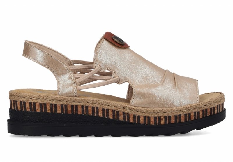 Sandałki beżowe złote 38 RIEKER 7972 beż na koturnie platformie
