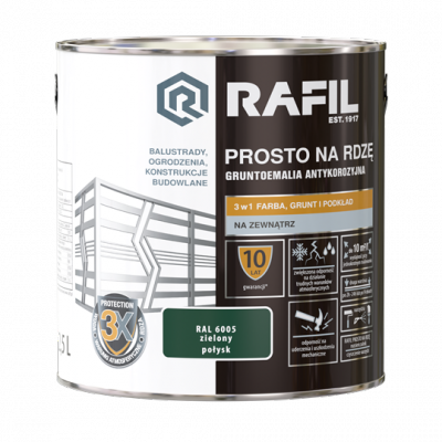 Rafil Na Rdzę 2,5L ZIELONY MCHOWY RAL6005 POŁYSK farba szybkoschnąca antykorozyjna gruntoemalia do stali żeliwa