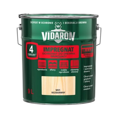 Vidaron Impregnat 9L V01 Bezbarwny Gruntujący Podkład Grunt do drewna ochronny ogrodzeń altan elewacji ochronny