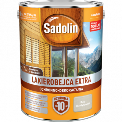 Sadolin Extra lakierobejca 5L BIAŁY SKANDYNAWSKI PÓŁMAT do drewna fasad domków okien drzwi