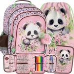 PANDA PLECAK z MISIEM DLA UCZENNIC SZKOLNY DZIEWCZĘCY DO 1 KLASY ZESTAW 5el