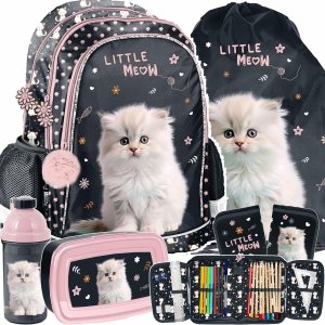 ZESTAW 5w1 PLECAK KOTEK SZKOLNY DZIEWCZĘCY DO PODSTAWÓWKI KOTKI z KOTKIEM