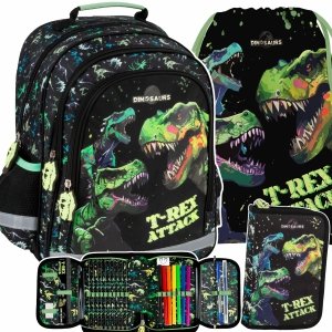 PLECAK DINOZAURY SZKOLNY DO 1 KLASY KOMPLET 3w1 TORNISTER TYRANOZAUR T-REX