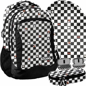 SZACHOWNICA PLECAK MŁODZIEŻOWY SZKOLNY CZARNY BeUniq 4 KOMOROWY ZESTAW 3w1