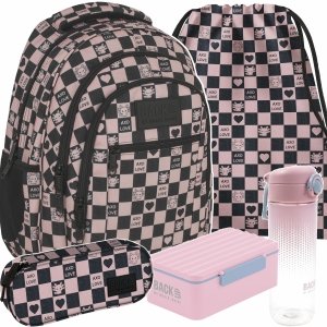 SZACHOWNICA RÓŻOWA PLECAK MŁODZIEŻOWY BACKUP DZIEWCZĘCY SZKOLNY KOMPLET 5w1
