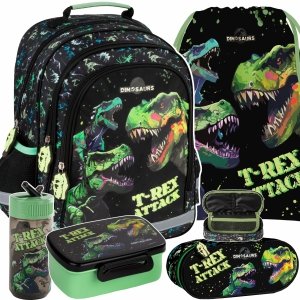 PLECAK DINOZAURY SZKOLNY DO 1 KLASY KOMPLET 5ele TORNISTER TYRANOZAUR T-REX