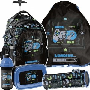 PLECAK NA KÓŁKACH SZKOLNY GAMEPAD GAMER GAMING DO 1 KLASY GRY KOMPLET 5w1