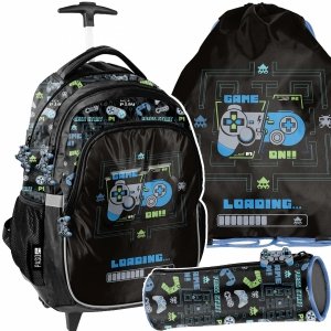 PLECAK NA KÓŁKACH SZKOLNY GAMEPAD GAMER GAMING DO 1 KLASY GRY KOMPLET 3w1