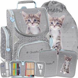 KOTY TORNISTER SZKOLNY Z KOTKIEM DO KLAS 1-4 DO PODSTAWÓWKI KOMPLET 3w1