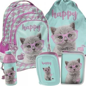 Plecak z Kotem w Okularach Szkolny dla Dziewczynki Komplet Kot [PTF-181]