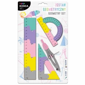 ZESTAW GEOMETRYCZNY 4 elem PUZZLE 20 cm EKIERKA CYRKIEL KĄTOMIERZ KIDEA
