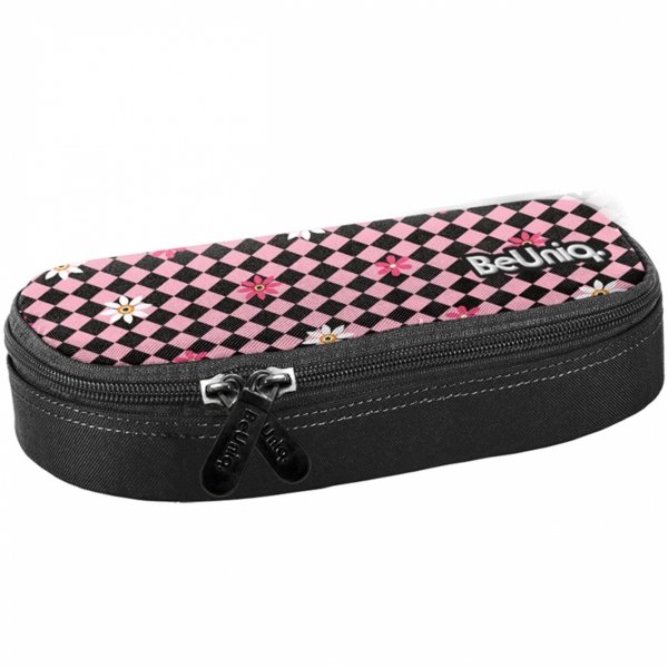 PIÓRNIK CZARNY ETUI SZKOLNY USZTYWNIANY MŁODZIEŻOWY SZACHOWNICA RÓŻOWA