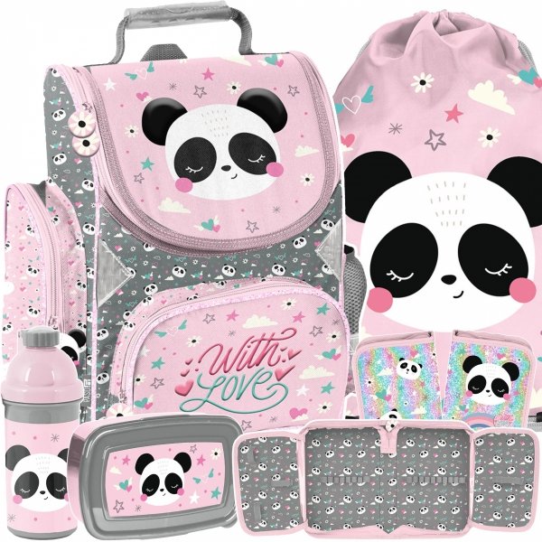 TORNISTER PANDA SZKOLNY DO 1 KLASY PODSTAWÓWKI DLA DZIEWCZYNY KOMPLET 5 ele