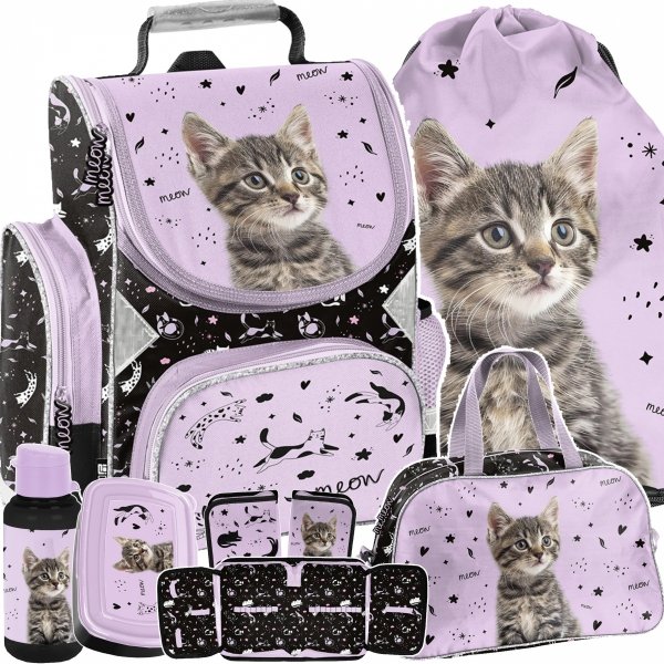 TORNISTER SZKOLNY KOT DZIEWCZĘCY Z KOTEM DO 1 KLASY KOTEK ZESTAW 6w1 CATS