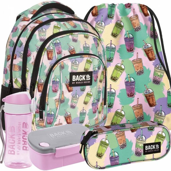 PLECAK BACKUP SZKOLNY MŁODZIEŻOWY BUBBLE TEA KOMPLET 5ele. DLA DZIEWCZYNY