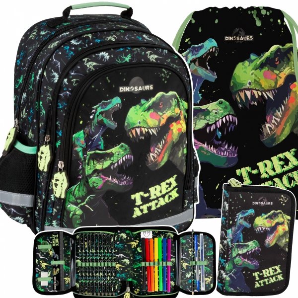 PLECAK DINOZAURY SZKOLNY DO 1 KLASY KOMPLET 3w1 TORNISTER TYRANOZAUR T-REX
