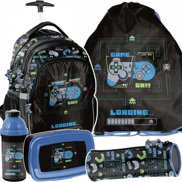 PLECAK NA KÓŁKACH SZKOLNY GAMEPAD GAMER GAMING DO 1 KLASY GRY KOMPLET 5w1