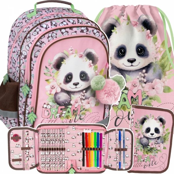 PANDA PLECAK z MISIEM DLA UCZENNIC SZKOLNY DZIEWCZĘCY DO 1 KLASY ZESTAW 5el
