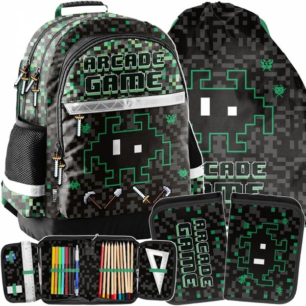 GAMER PLECAK CHŁOPIĘCY SZKOLNY PIKSELE KOMPLET 3ele PASO GAMING GRA