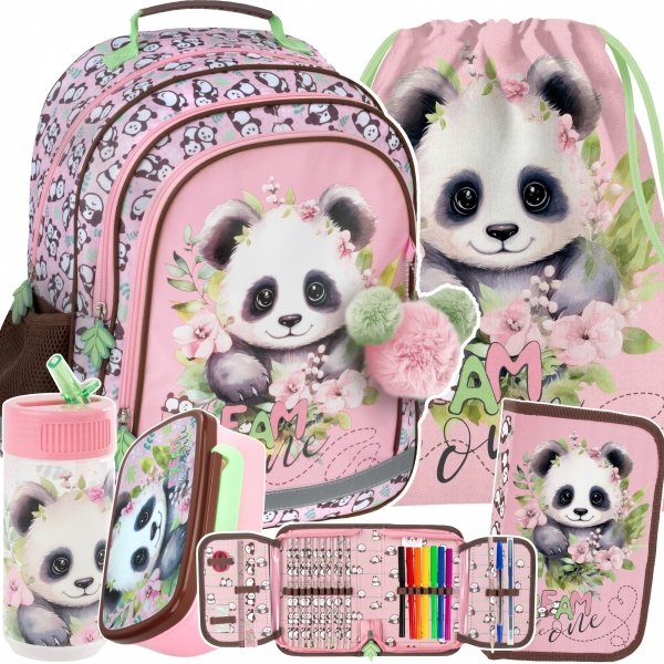 PANDA PLECAK z MISIEM DLA UCZENNIC SZKOLNY DZIEWCZĘCY DO 1 KLASY ZESTAW 5el