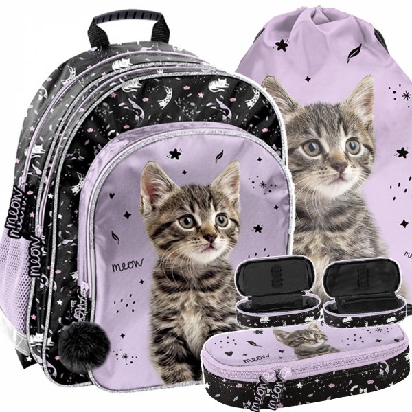 PLECAK SZKOLNY Z KOTKIEM DLA DZIEWCZYNY DO 1 KLASY ZESTAW 3w1 KOTEK CATS