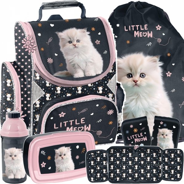 TORNISTER ZESTAW 5 ele DZIEWCZĘCY SZKOLNY Z KOTKIEM DO 1 KLASY KOTEK CATS