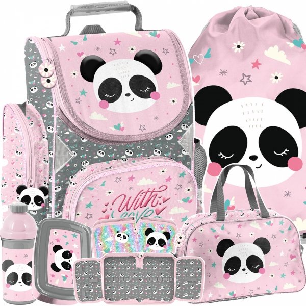 TORNISTER PANDA SZKOLNY DO 1 KLASY PODSTAWÓWKI DLA DZIEWCZYNY KOMPLET 6 ele