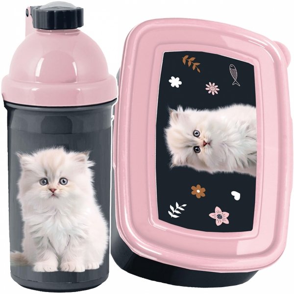 KOTEK ZESTAW 2w1 BIDON ŚNIADANIÓWKA DLA UCZENNIC Z KOTKAMI DO SZKOŁY PASO