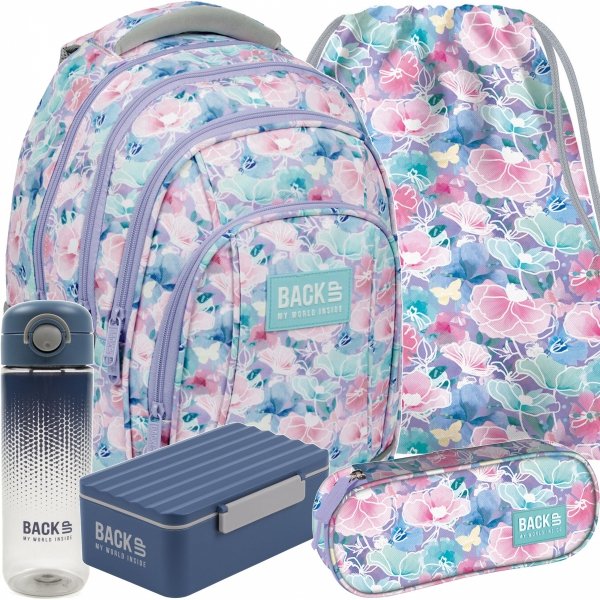 MŁODZIEŻOWY PLECAK KWIATY BACKUP DERFORM SZKOLNY DZIEWCZĘCY KOMPLET 5 ele.