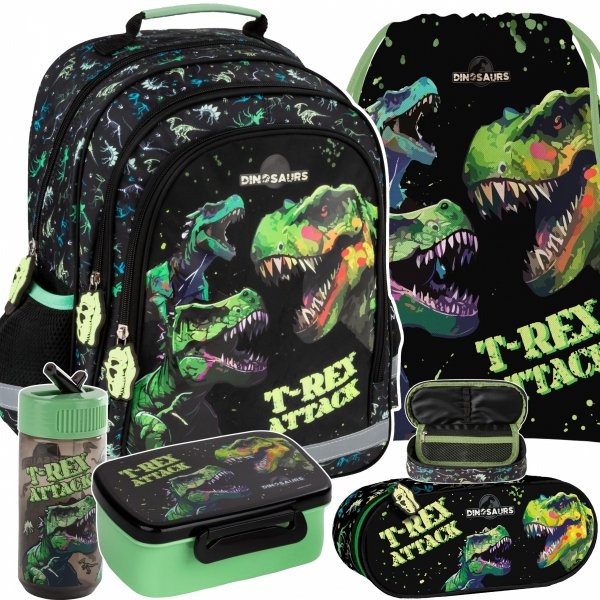 PLECAK DINOZAURY SZKOLNY DO 1 KLASY KOMPLET 5ele TORNISTER TYRANOZAUR T-REX