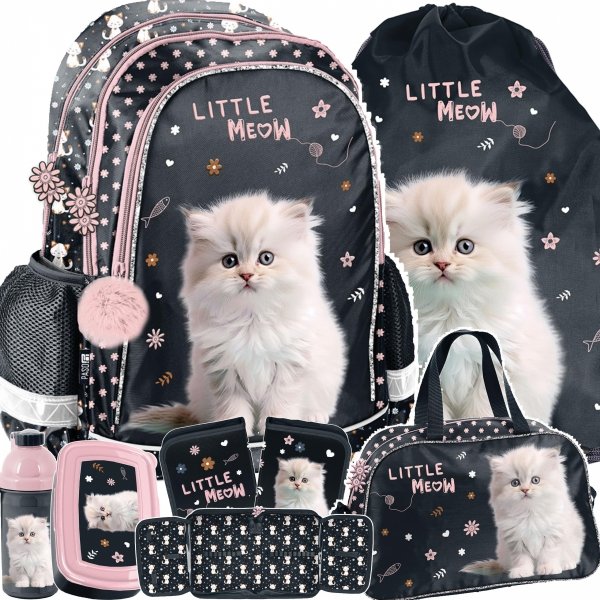 KOMPLET 6w1 PLECAK KOTEK SZKOLNY DZIEWCZĘCY DO PODSTAWÓWKI KOTKI z KOTKIEM