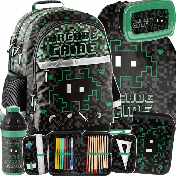 ZESTAW 5w1 GAMER PLECAK DLA CHŁOPAKA SZKOLNY PIKSELE GAMING GRA PIKSELE