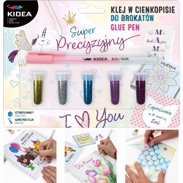 PRECYZYJNY KLEJ W CIENKOPISIE OZDOBNY + BROKAT 5 KOLORÓW KIDEA