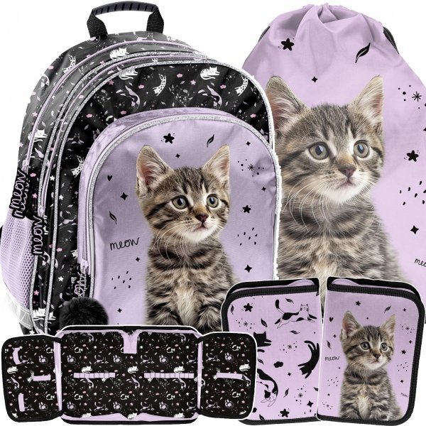 PLECAK SZKOLNY Z KOTKIEM DLA DZIEWCZYNY DO 1 KLASY KOMPLET 3w1 KOTEK PASO