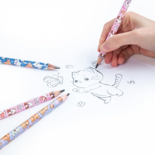 3 szt. OŁÓWEK TRÓJKĄTNY DO NAUKI PISANIA GRUBY KIDEA ZWIERZĘTA z GUMKĄ