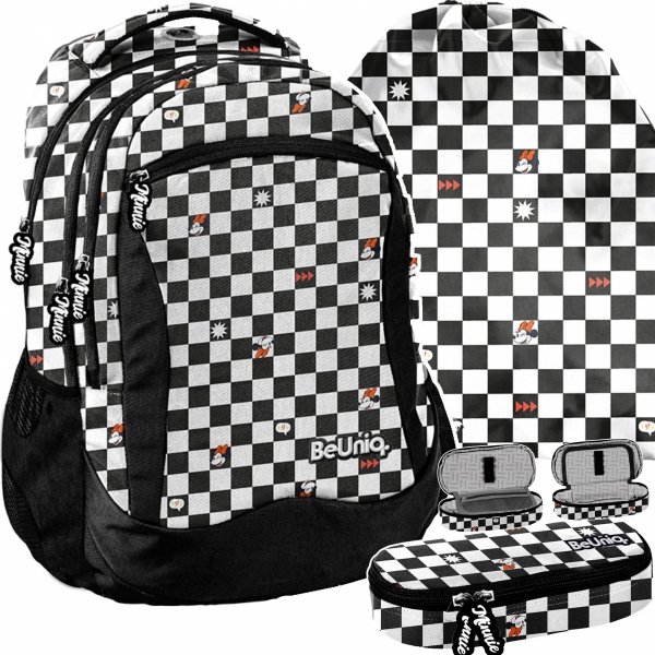 SZACHOWNICA PLECAK MŁODZIEŻOWY SZKOLNY CZARNY BeUniq 4 KOMOROWY ZESTAW 3w1