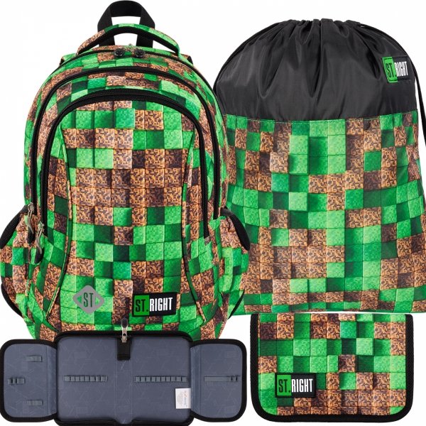 ZESTAW 3w1 PLECAK ST.RIGHT PIKSELE SZKOLNY MŁODZIEŻOWY GAMER GAMING
