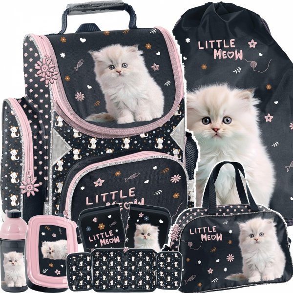 TORNISTER SZKOLNY KOMPLET 6w1 DLA DZIEWCZYNY Z KOTKIEM DO 1 KLASY KOTEK