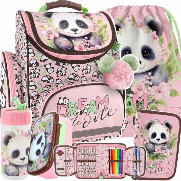 TORNISTER z PANDĄ SZKOLNY ZESTAW 5el DLA DZIEWCZYNY Z MISIEM DO 1 KLASY