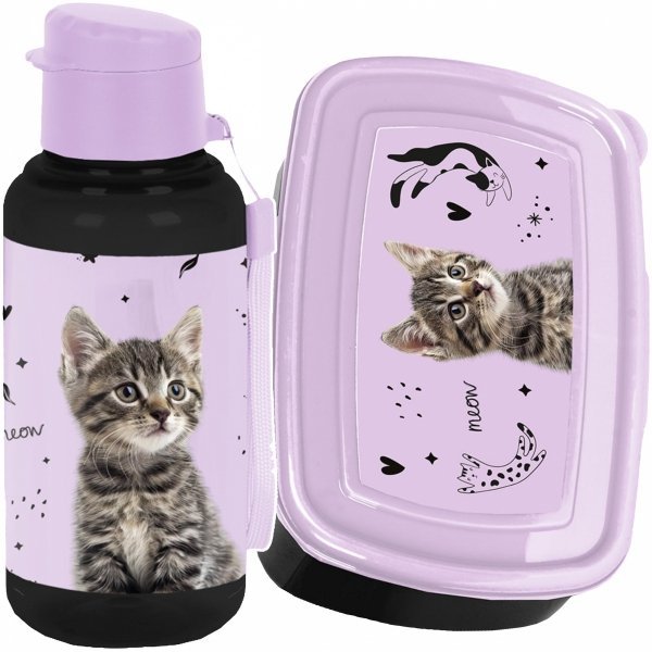 KOTEK BIDON ŚNIADANIÓWKA ZESTAW 2w1 DLA DZIEWCZYNY DO SZKOŁY z KOTKAMI