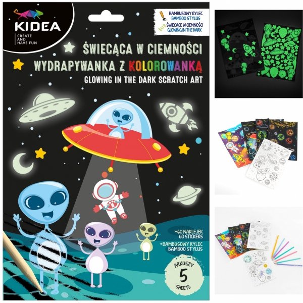 ŚWIECĄCA W CIEMNOŚCI WYDRAPYWANKA Z KOLOROWANKĄ KOSMOS KIDEA