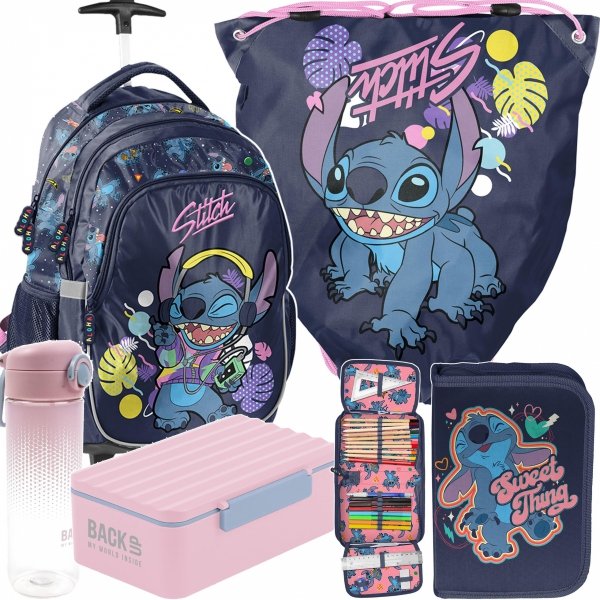 STITCH PLECAK NA KÓŁKACH KOMPLET 5el.  SZKOLNY DLA UCZENNIC STICH DZIEWCZĘCY