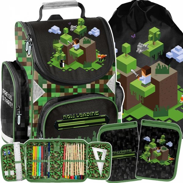 TORNISTER MINECRAFT GRA SZKOLNY GAMING DLA CHŁOPAKÓW DO 1 KLASY KOMPLET 3w1