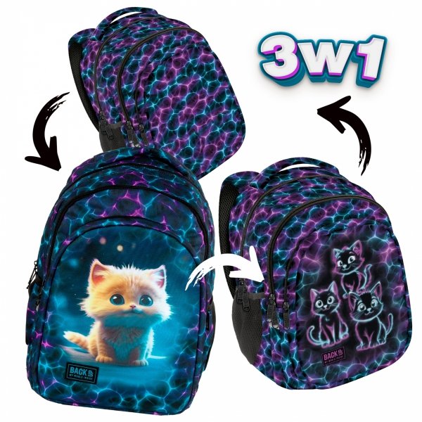 PLECAK KOTEK KOMPLET 3 elem. BACKUP SZKOLNY MŁODZIEŻOWY CATS 3 WZORY