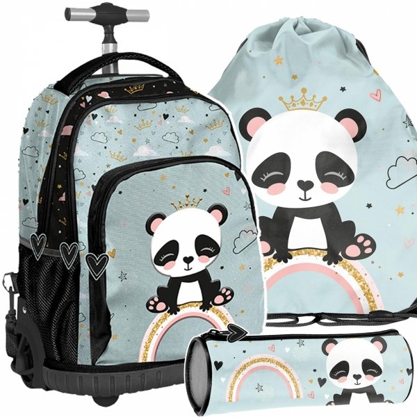 PANDA PLECAK NA KÓŁKACH Z MISIEM DLA DZIEWCZYNEK SZKOLNY KOMPLET 3w1